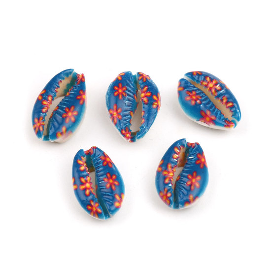 Charm  bead , snail conch, blue w red flowers