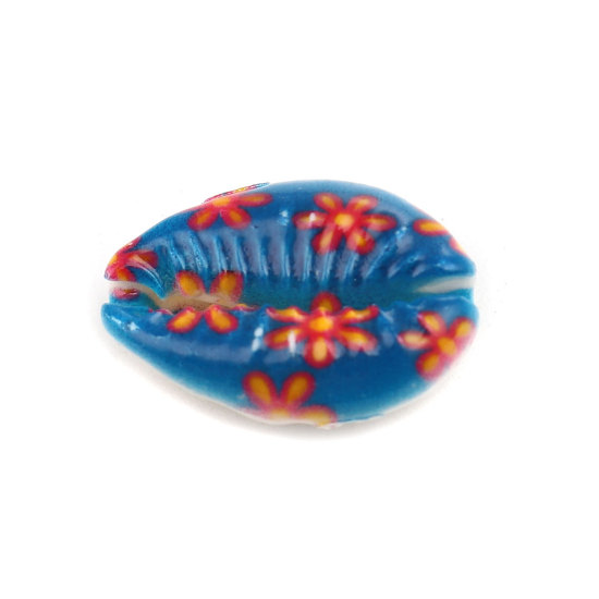 Charm  bead , snail conch, blue w red flowers - 2