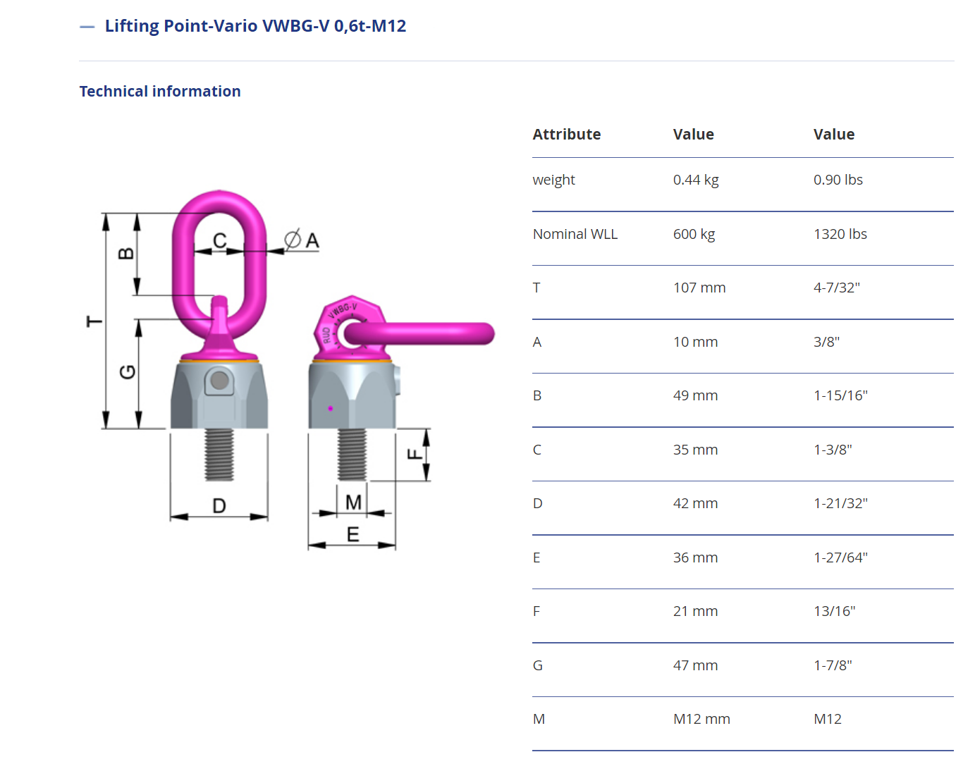 Lyftögla RUD VWBG-V M12 / Maxlast: 1,2 ton - 3