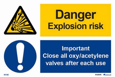 Kombinationsskylt "Danger explosion risk, important close all oxy/acetylene valves after each use" - IMPA 33.3101