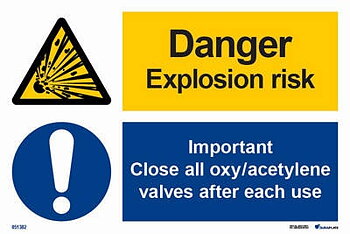 Kombinationsskylt "Danger explosion risk, important close all oxy/acetylene valves after each use" - IMPA 33.3101