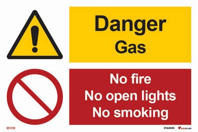Kombinationsskylt "Danger gas, no fire, no open lights, no smoking" - IMPA 33.3104