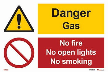 Kombinationsskylt "Danger gas, no fire, no open lights, no smoking" - IMPA 33.3104