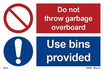 Kombinationsskylt "Do not throw garbage overboard, use bins provided" - IMPA 33.3115