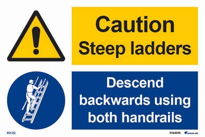 Kombinationsskylt "Caution steep ladders, descend backwards" - IMPA 33.3116