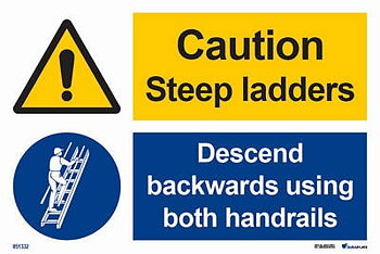 Kombinationsskylt "Caution steep ladders, descend backwards" - IMPA 33.3116