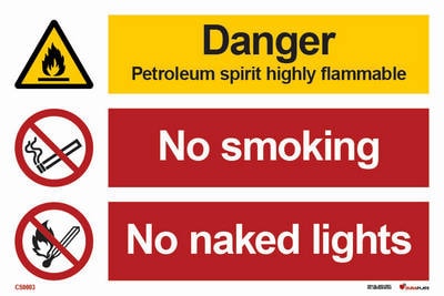 Kombinationsskylt "Danger petroleum spirit highly flammable" - IMPA 33.3105