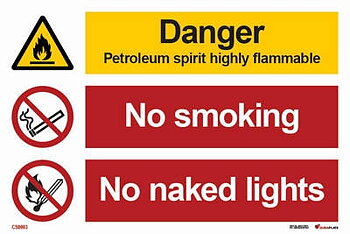 Kombinationsskylt "Danger petroleum spirit highly flammable" - IMPA 33.3105