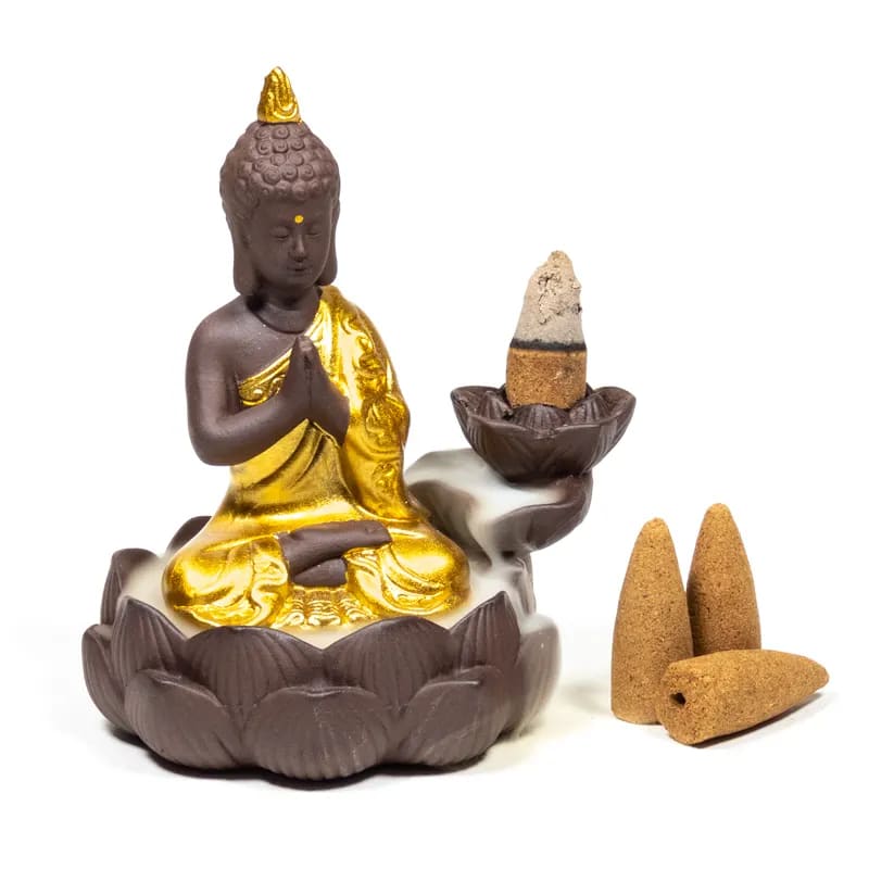Backflow rökelse brännare brun guld Buddha 
