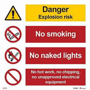 Kombinationsskylt "Danger explosion risk, no smoking, no naked lights"