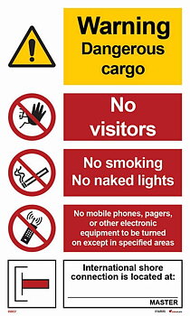 Kombinationsskylt "Warning dangerous cargo-gangway notice" - IMPA 33.3014