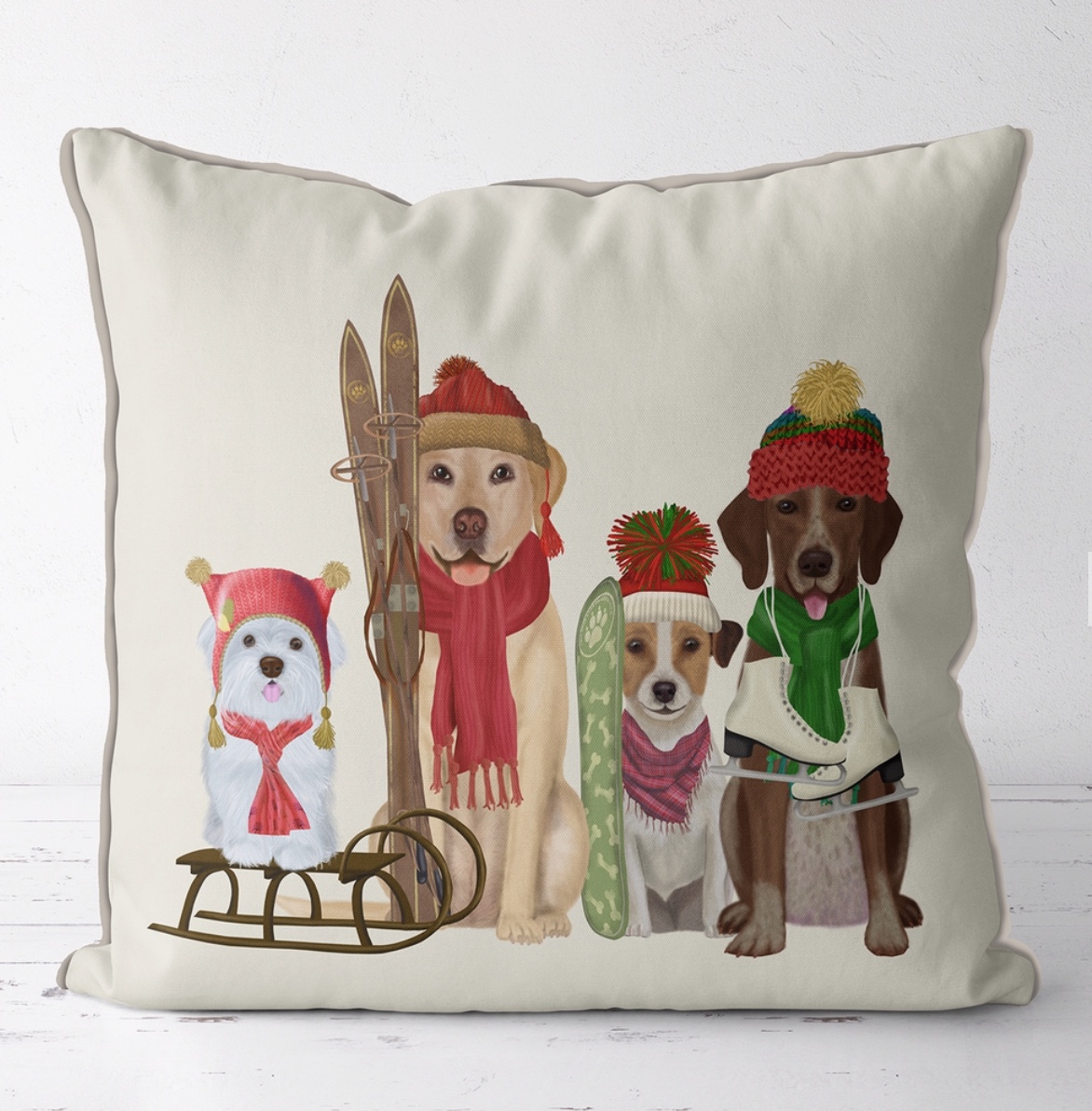 Fabfunky Winter Sports Fan Dog Ski Lodge Pillow