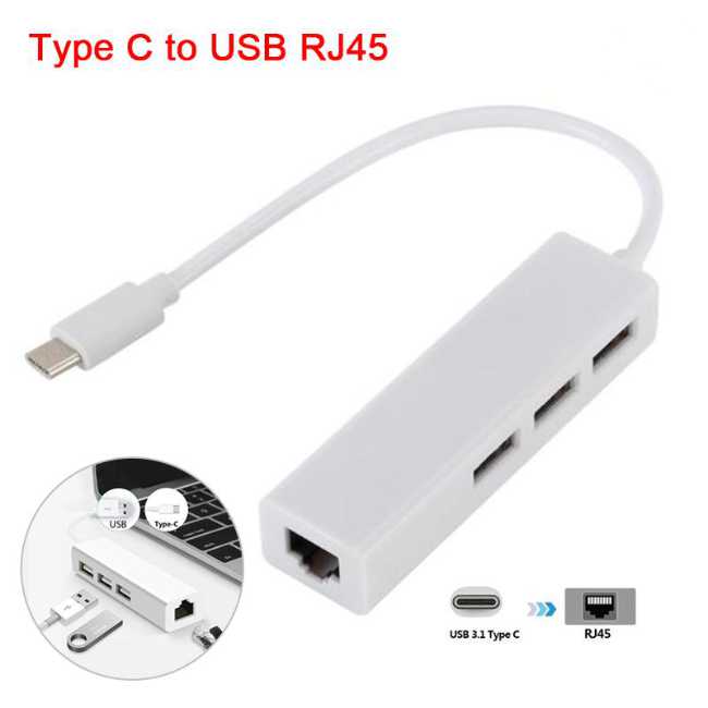 3-portars kabel + Ethernet - USB 3.1 Type-C till USB-A HUB 2.0 - 2