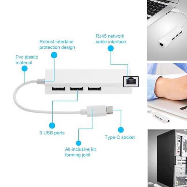 3-portars kabel + Ethernet - USB 3.1 Type-C till USB-A HUB 2.0 - 5