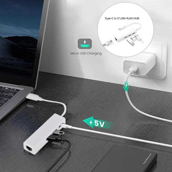 3-portars kabel + Ethernet - USB 3.1 Type-C till USB-A HUB 2.0 - 3