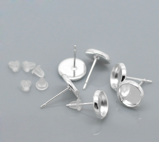 Ear Post Silver Plated Cabochon Settings 8 mm , Silver
