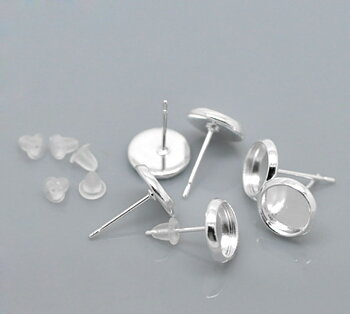 Ear Post Silver Plated Cabochon Settings 8 mm , Silver
