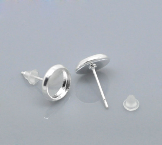 Ear Post Silver Plated Cabochon Settings 8 mm , Silver - 2