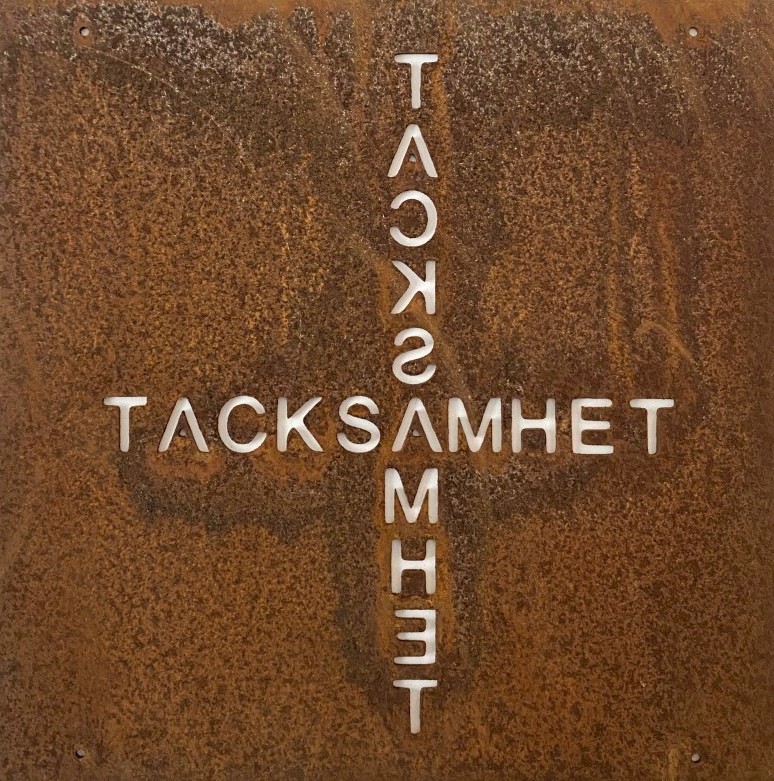 Rostig skylt till armeringsnät TACKSAMHET 14 cm
