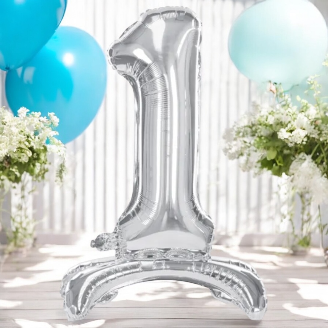 Självstående sifferballong "1" - Silver 70 cm