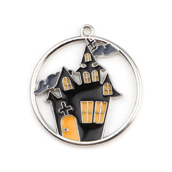 Charm Enameld Ghost house, round  , halloween