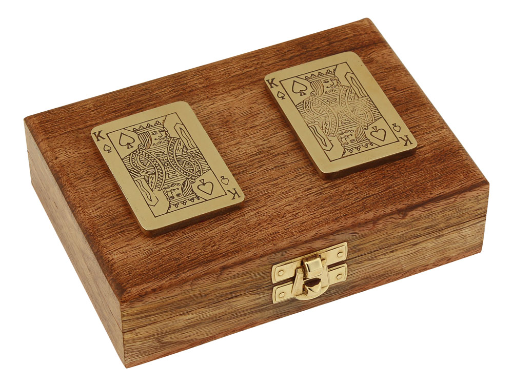 Playing cards box, double, mango wood/brass, 15x11x4,5cm