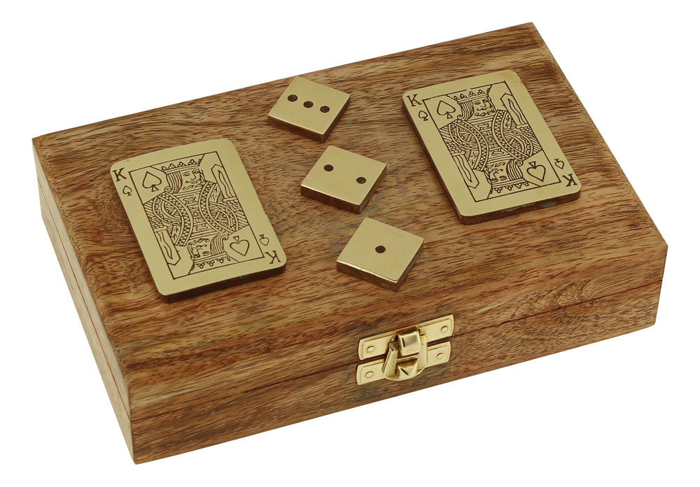 Double cards & dice box, mango wood/brass, 17,5x11,5x4,5cm