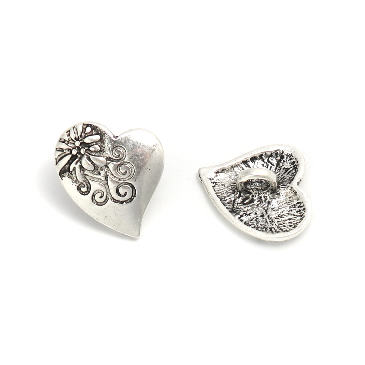 Buttons in the metal - Antique silver  heart  flower