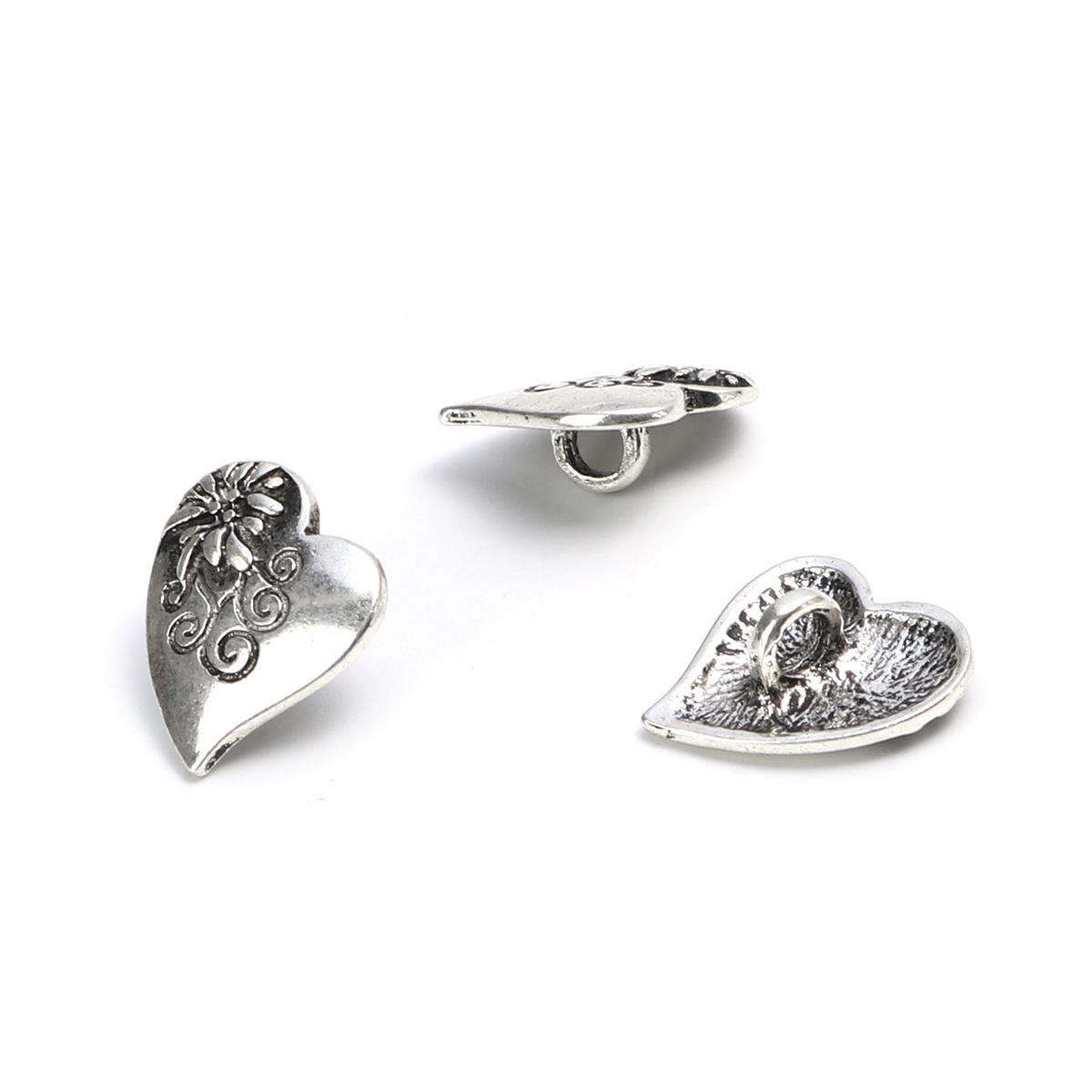 Buttons in the metal - Antique silver  heart  flower - 2