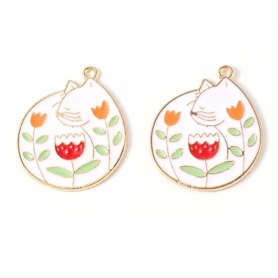 Berlock -  Enameld Cat flowers boho, White