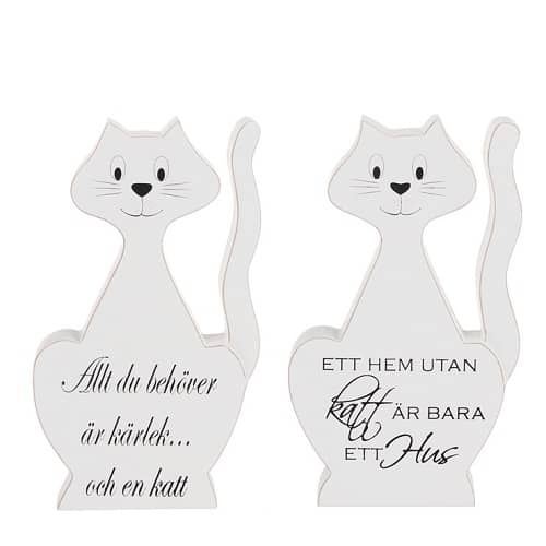 Träkatt, sittande katt i trä, vit med text, 20cm /