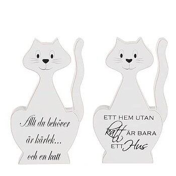 Träkatt, sittande katt i trä, vit med text, 20cm /