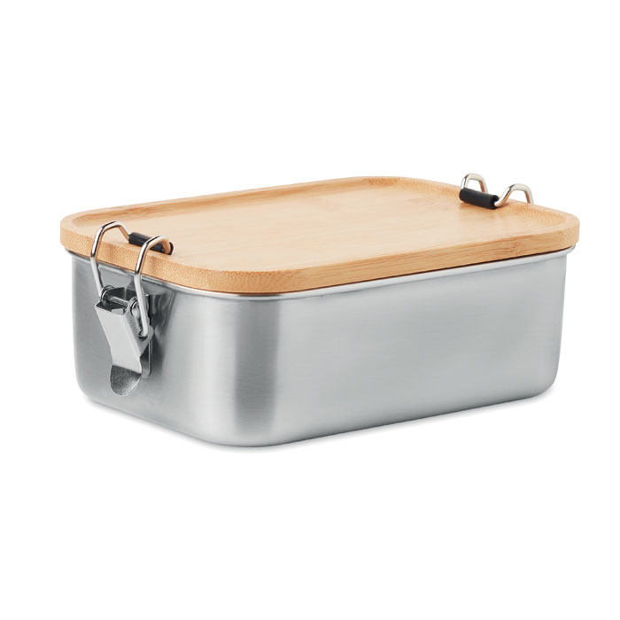 Madkasse i rustfrit stål med sidespænder og bambus låg
