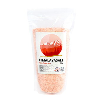 En genomskinlig stående påse med en vit ektikett och med rosa finsalt i