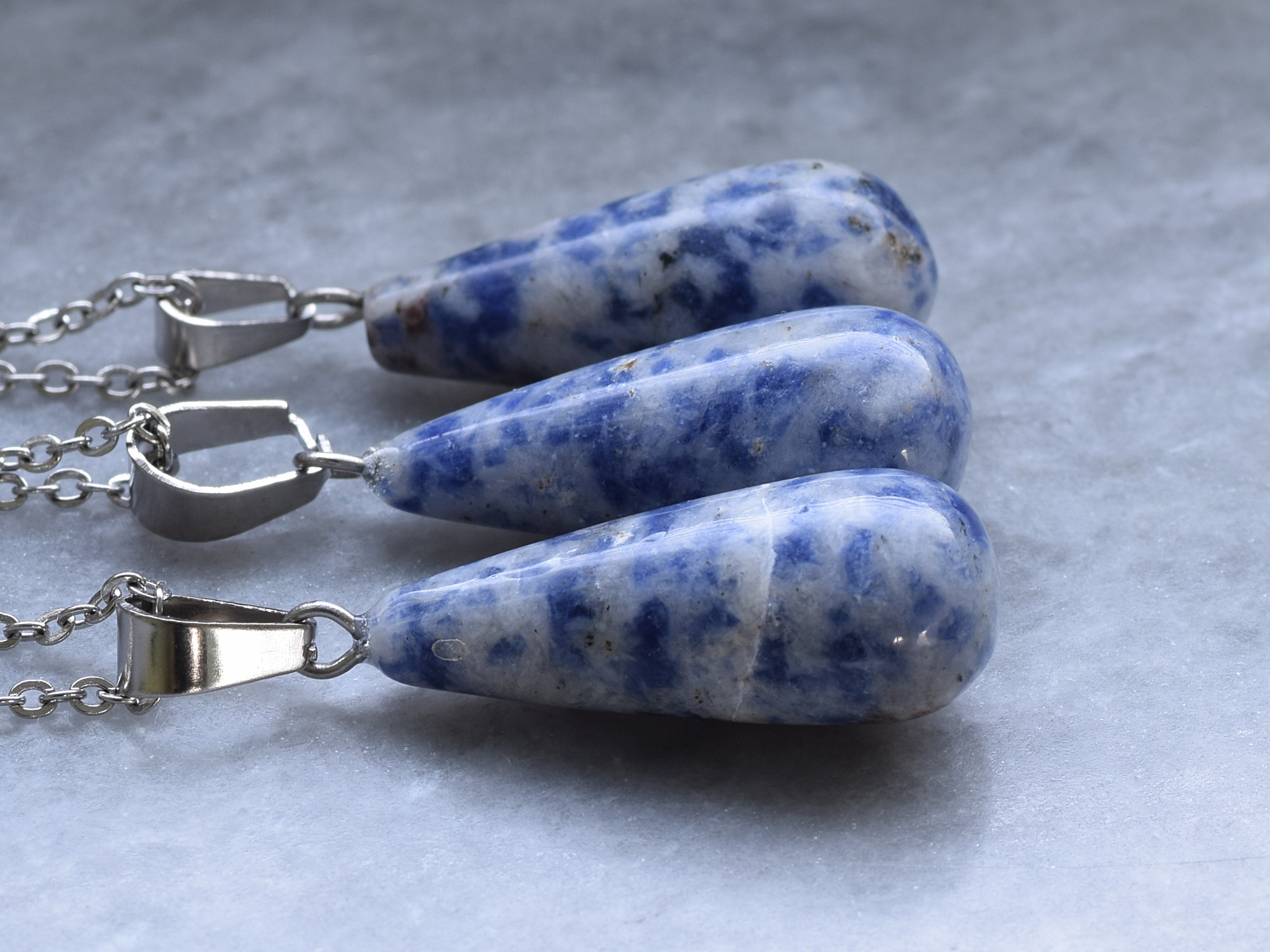 Blåfläckig Jaspis Halsband i Rostfritt Stål, Droppformat Hänge, Naturlig Blå Halvädelsten Smycke - 2