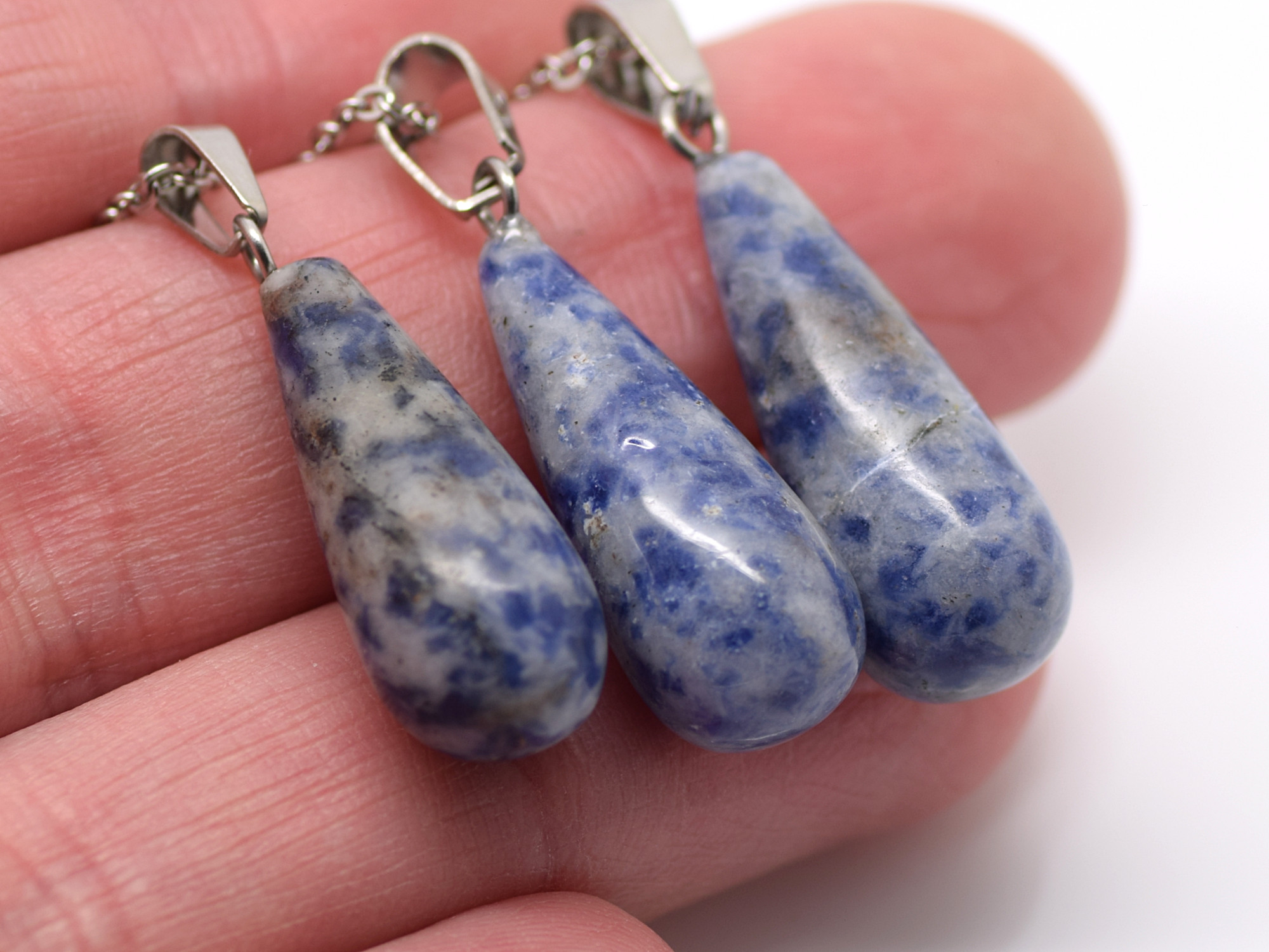 Blåfläckig Jaspis Halsband i Rostfritt Stål, Droppformat Hänge, Naturlig Blå Halvädelsten Smycke - 3