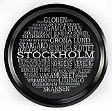 Bricka rund 31 cm, Stockholm, svart/vit text