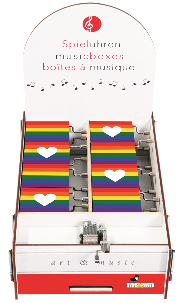 Spilledåser, Art & Music Box-display, Over the rainbow, Borddisplay med 16 stk.+1 stk. demo.