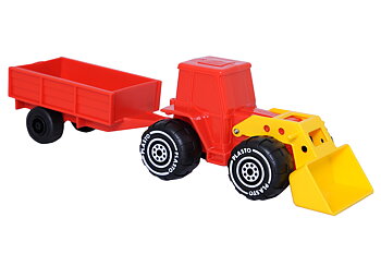 Röd Traktor med Frontlastare & Släpvagn, 33 cm - Plasto