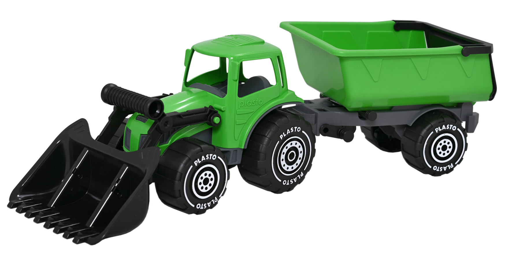 Grön Traktor med Frontlastare och Släp, 56 cm - Plasto
