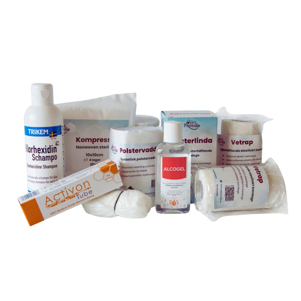 Mauke-Set für Pferde mit Chlorhexidin-Shampoo und Verbandsmaterial.