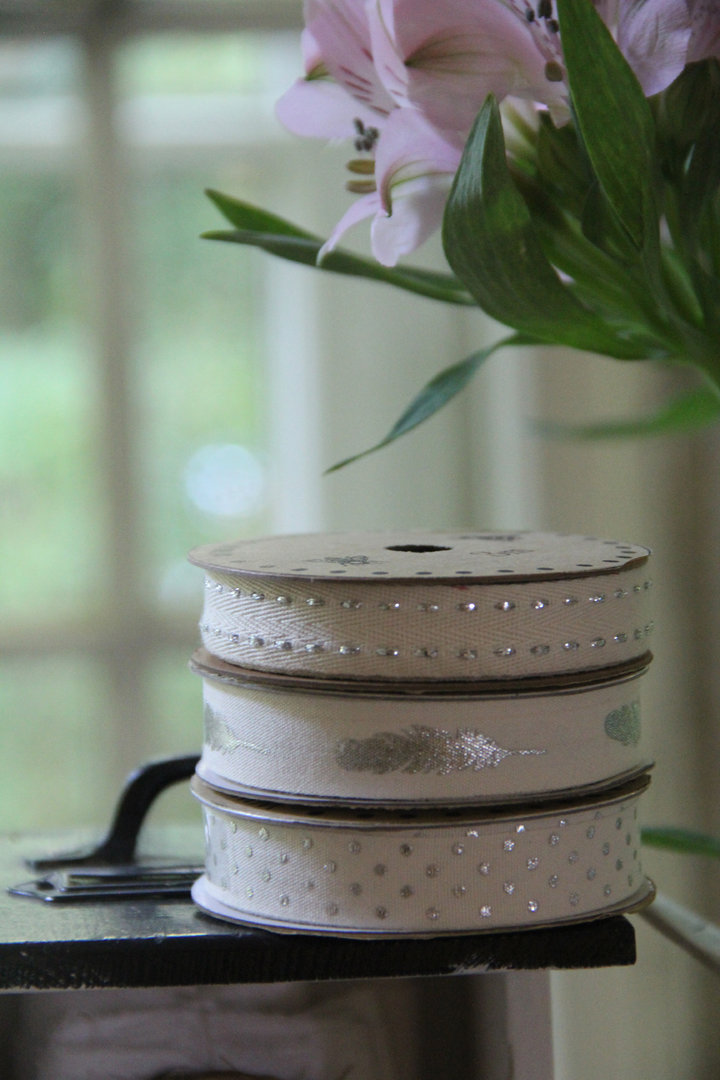 Ribbon - Fabric ribbon - Decorative ribbon - White/Silver - 3-pack