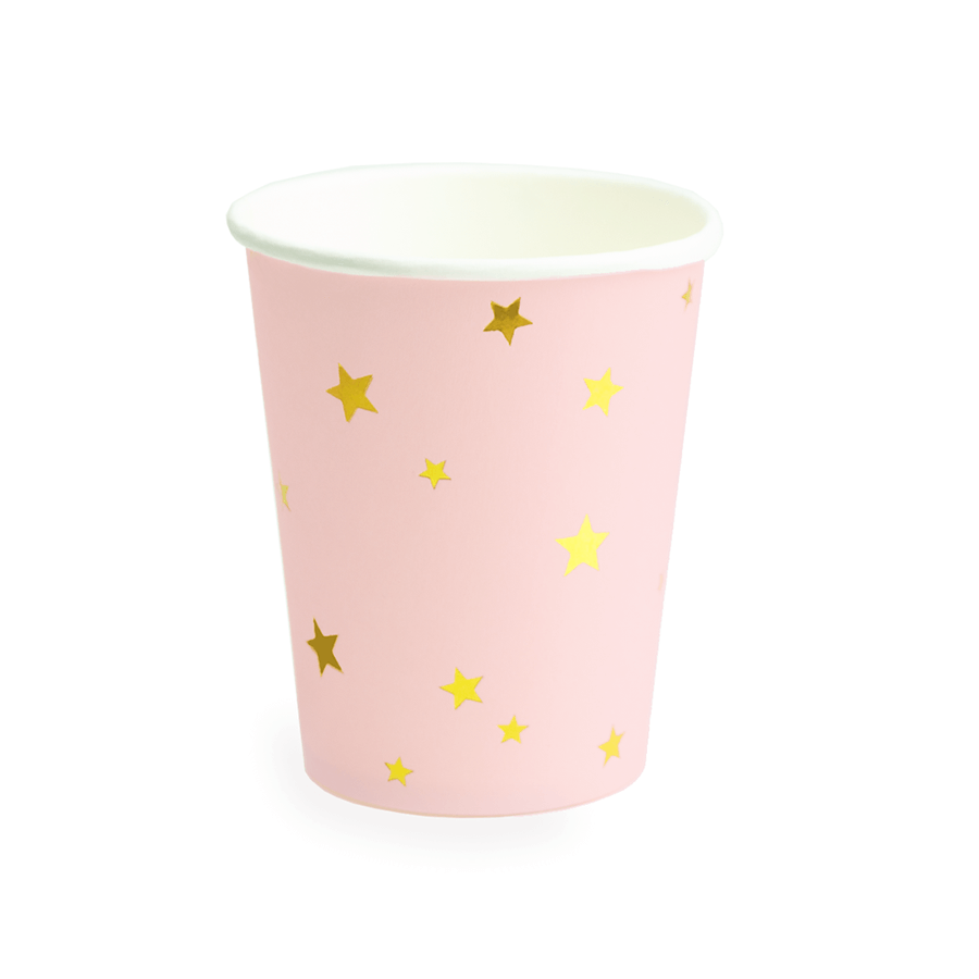 Pappersmuggar | 6-pack | Rosa med guldstjärnor