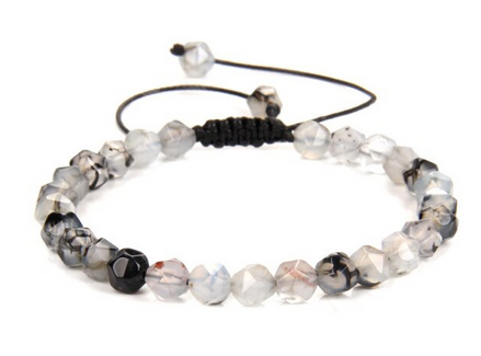 Fasettslipad Svart/Vit Agat Armband  - 7mm Pärlor