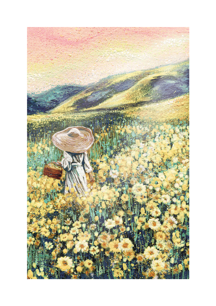 Women In Hat Yellow Meadow, Greeting Card