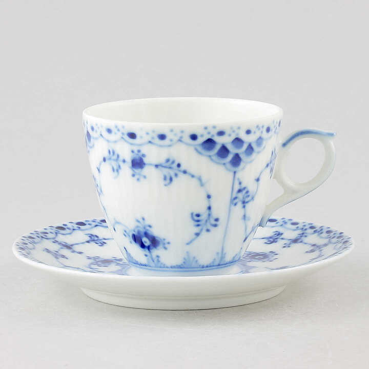 Royal Copenhagen (Blue Fluted 20th Century) Half Lace Coffee Cup with Saucer #526-528  [Sample Images]