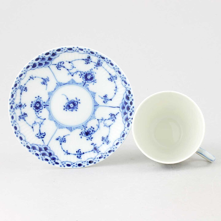 Royal Copenhagen (Blue Fluted 20th Century) Half Lace Coffee Cup with Saucer #526-528  [Sample Images]