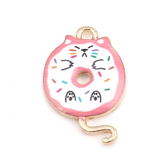 Berlock -  Emaljerad   Katt, rund Donut, Vit & Rosa