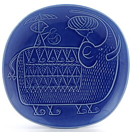 Stig Lindberg (Piazza 1960) Blue Dish with Elephant Relief Decor 27 cm