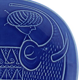 Stig Lindberg (Piazza 1960) Blue Dish with Elephant Relief Decor 27 cm